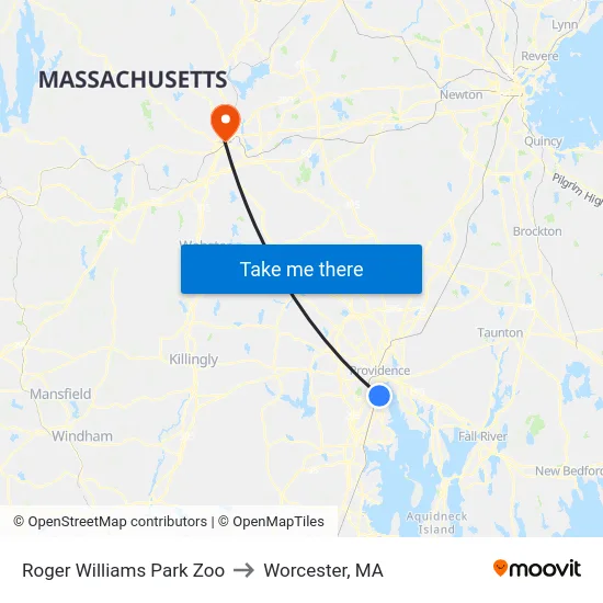 Roger Williams Park Zoo to Worcester, MA map