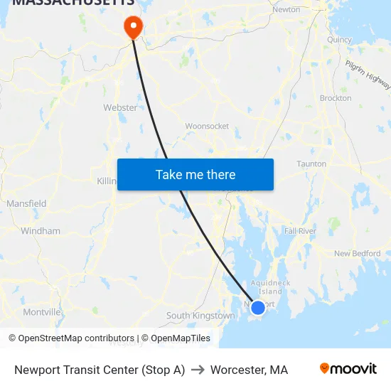 Newport Transit Center (Stop A) to Worcester, MA map