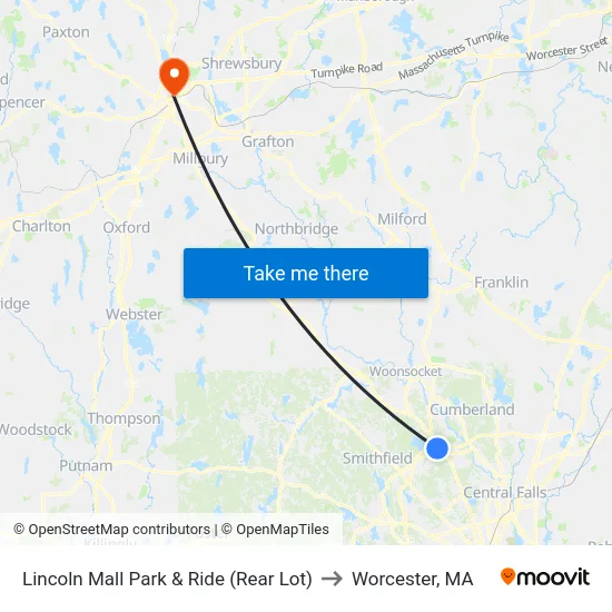 Lincoln Mall Park & Ride (Rear Lot) to Worcester, MA map