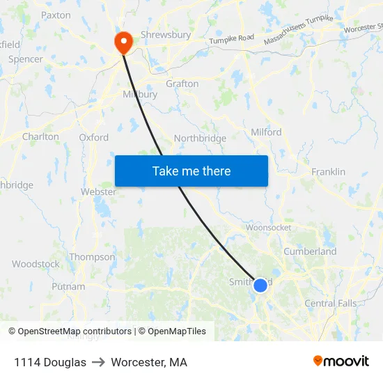 1114 Douglas to Worcester, MA map