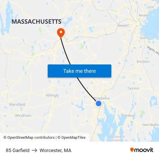 85 Garfield to Worcester, MA map