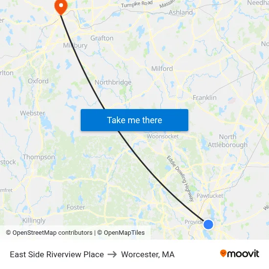 East Side Riverview Place to Worcester, MA map
