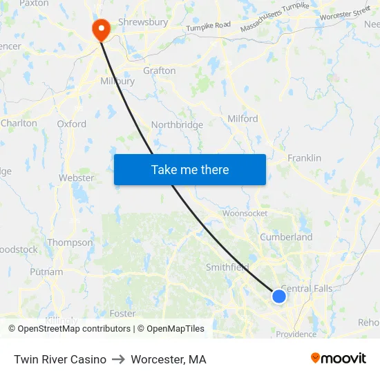 Twin River Casino to Worcester, MA map