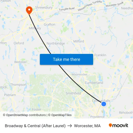 Broadway & Central (After Laurel) to Worcester, MA map