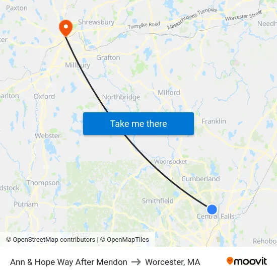 Ann & Hope Way After Mendon to Worcester, MA map