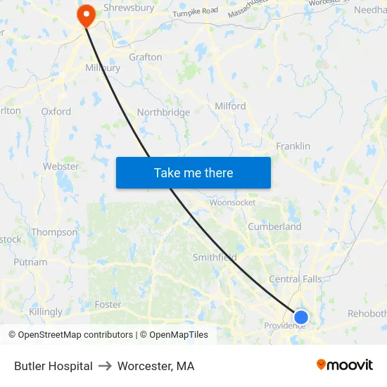 Butler Hospital to Worcester, MA map