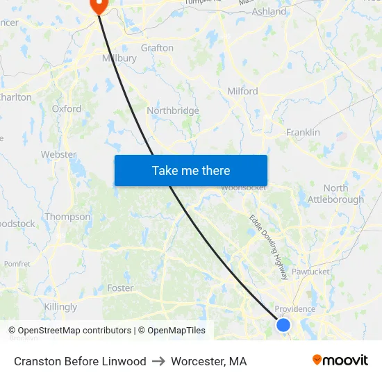 Cranston Before Linwood to Worcester, MA map
