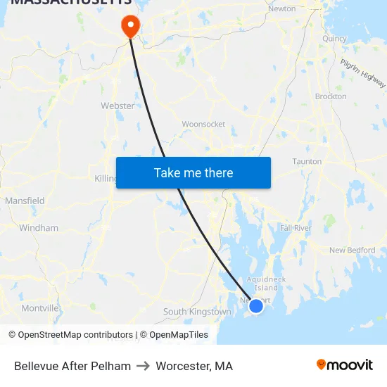 Bellevue After Pelham to Worcester, MA map