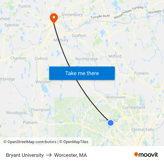 Bryant University to Worcester, MA map