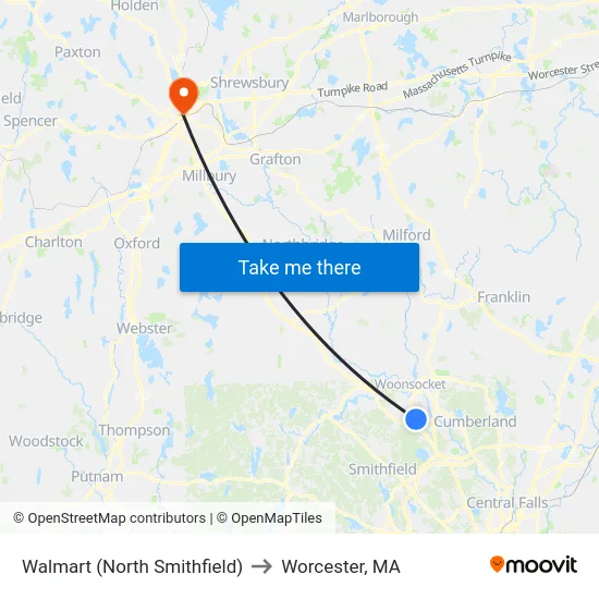 Walmart (North Smithfield) to Worcester, MA map