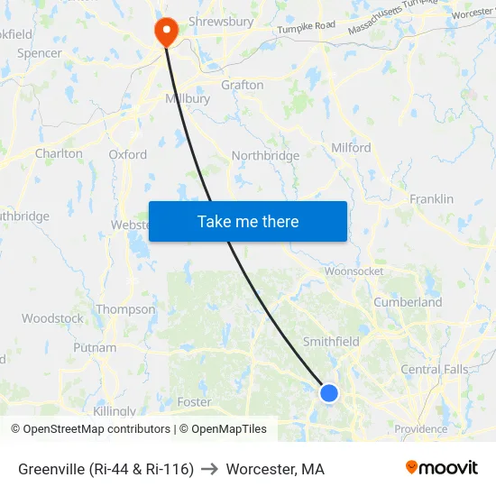 Greenville (Ri-44 & Ri-116) to Worcester, MA map
