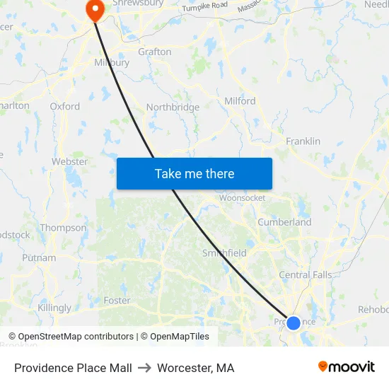 Providence Place Mall to Worcester, MA map