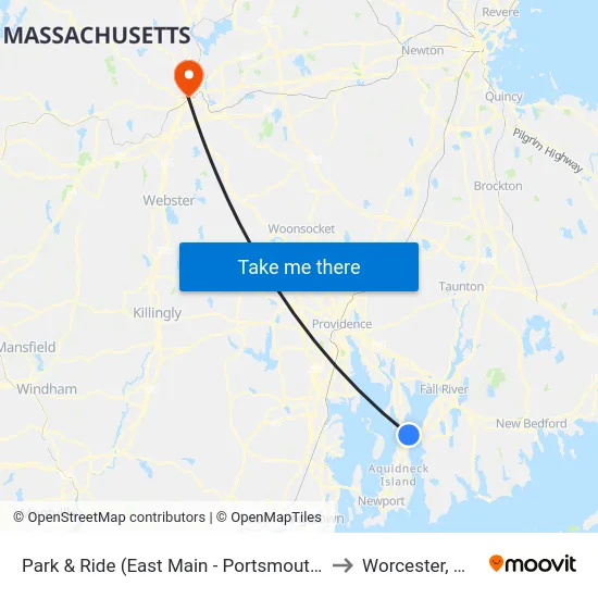 Park & Ride (East Main - Portsmouth) to Worcester, MA map