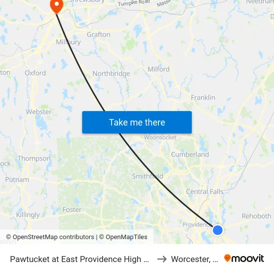 Pawtucket at East Providence High School to Worcester, MA map