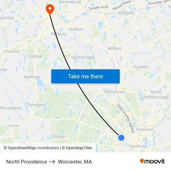 North Providence to Worcester, MA map