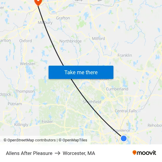 Allens After Pleasure to Worcester, MA map