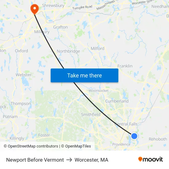Newport Before Vermont to Worcester, MA map