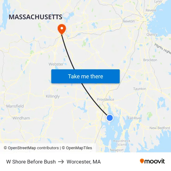 W Shore Before Bush to Worcester, MA map