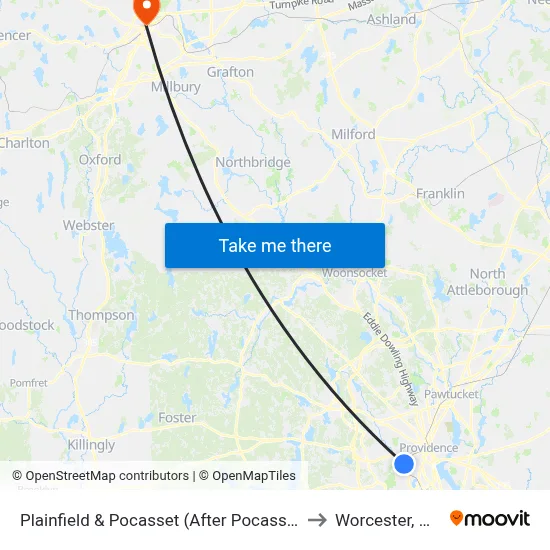 Plainfield & Pocasset (After Pocasset) to Worcester, MA map