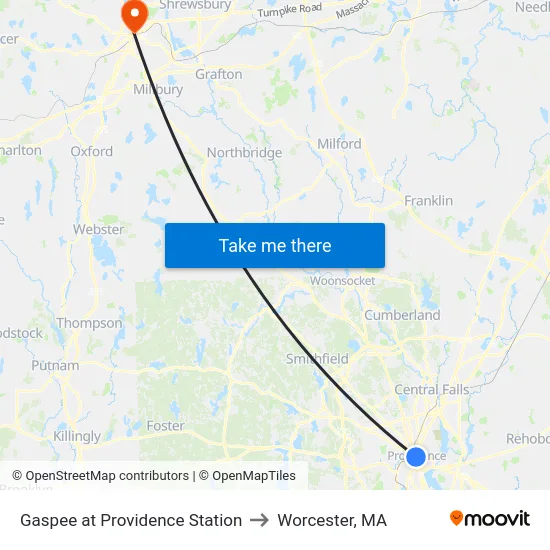 Gaspee at Providence Station to Worcester, MA map