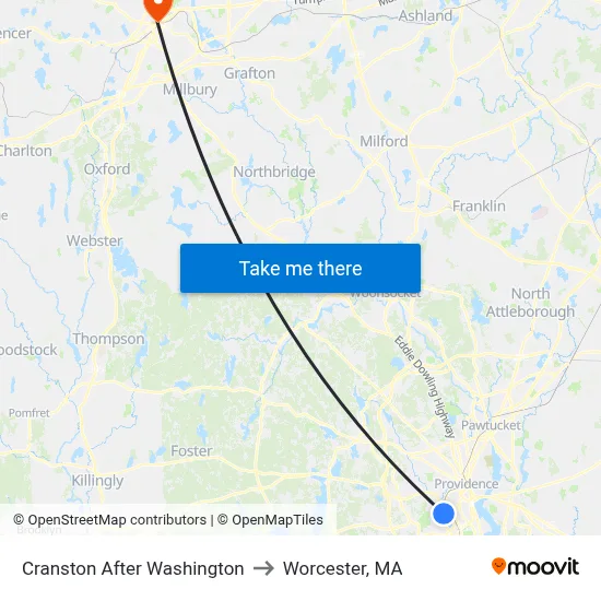 Cranston After Washington to Worcester, MA map