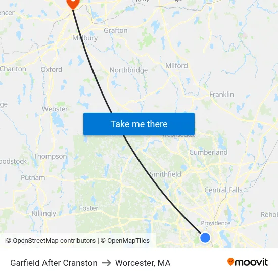 Garfield After Cranston to Worcester, MA map