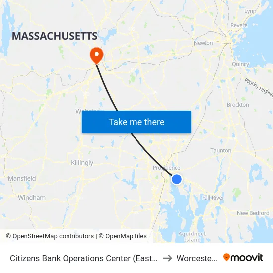 Citizens Bank Operations Center (East Providence) to Worcester, MA map