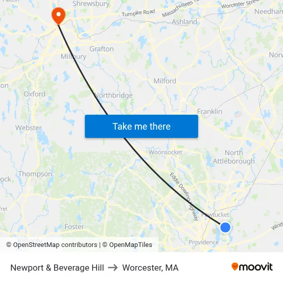 Newport & Beverage Hill to Worcester, MA map