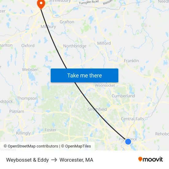 Weybosset & Eddy to Worcester, MA map