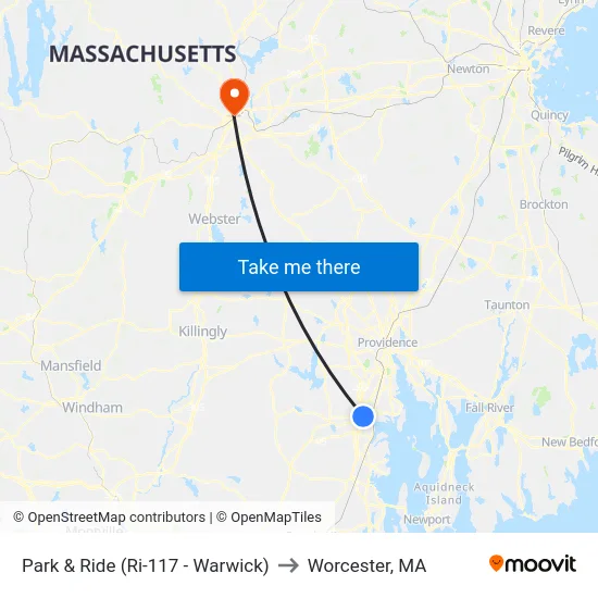 Park & Ride (Ri-117 - Warwick) to Worcester, MA map