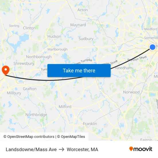 Landsdowne/Mass Ave to Worcester, MA map