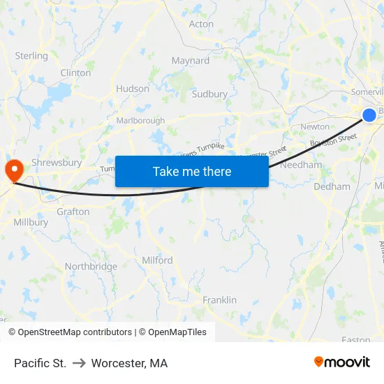 Pacific St. to Worcester, MA map