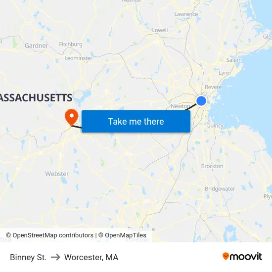 Binney St. to Worcester, MA map