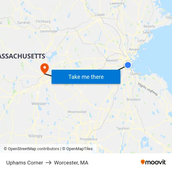 Uphams Corner to Worcester, MA map