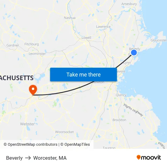 Beverly to Worcester, MA map