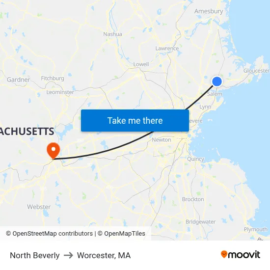 North Beverly to Worcester, MA map