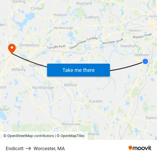 Endicott to Worcester, MA map