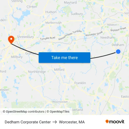 Dedham Corporate Center to Worcester, MA map
