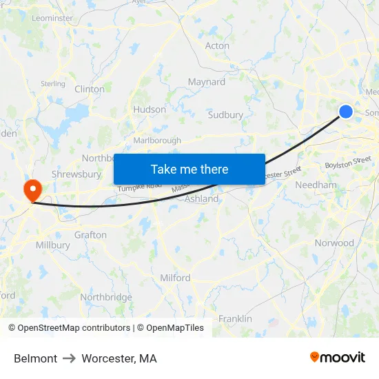 Belmont to Worcester, MA map
