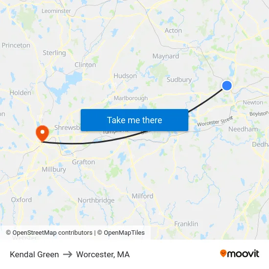 Kendal Green to Worcester, MA map