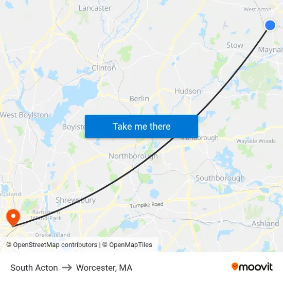 South Acton to Worcester, MA map