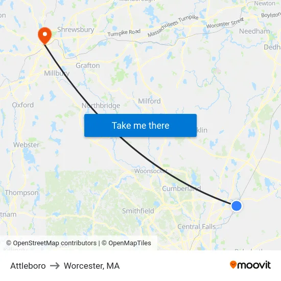 Attleboro to Worcester, MA map