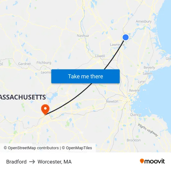 Bradford to Worcester, MA map