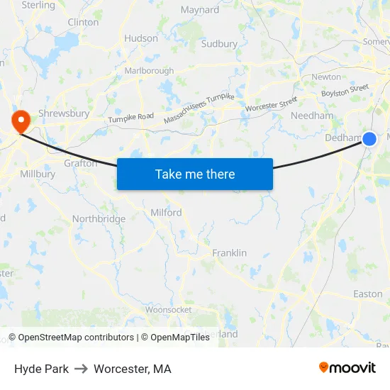 Hyde Park to Worcester, MA map