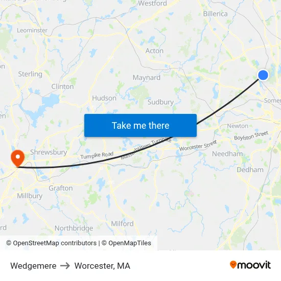 Wedgemere to Worcester, MA map