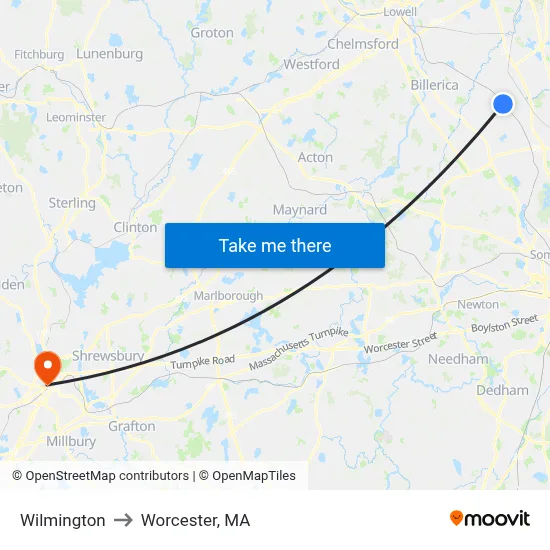 Wilmington to Worcester, MA map