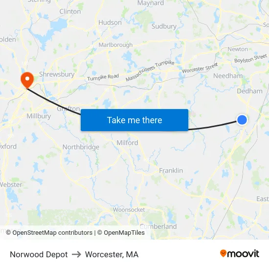 Norwood Depot to Worcester, MA map