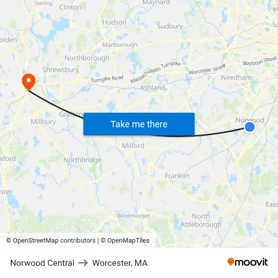 Norwood Central to Worcester, MA map