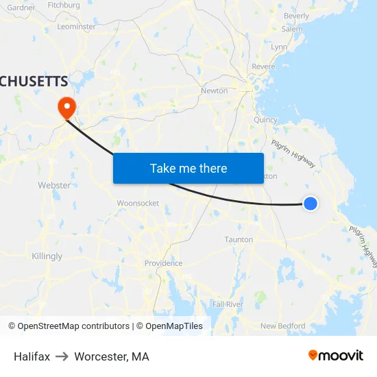 Halifax to Worcester, MA map