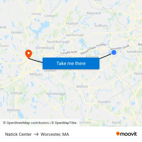 Natick Center to Worcester, MA map